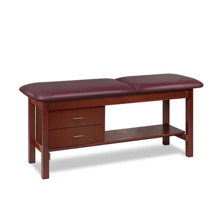 a classic medical table with shelf,  burgundy upholstery and dark cherry base color