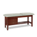 a classic medical table with shelf,  country mist upholstery and dark cherry base color