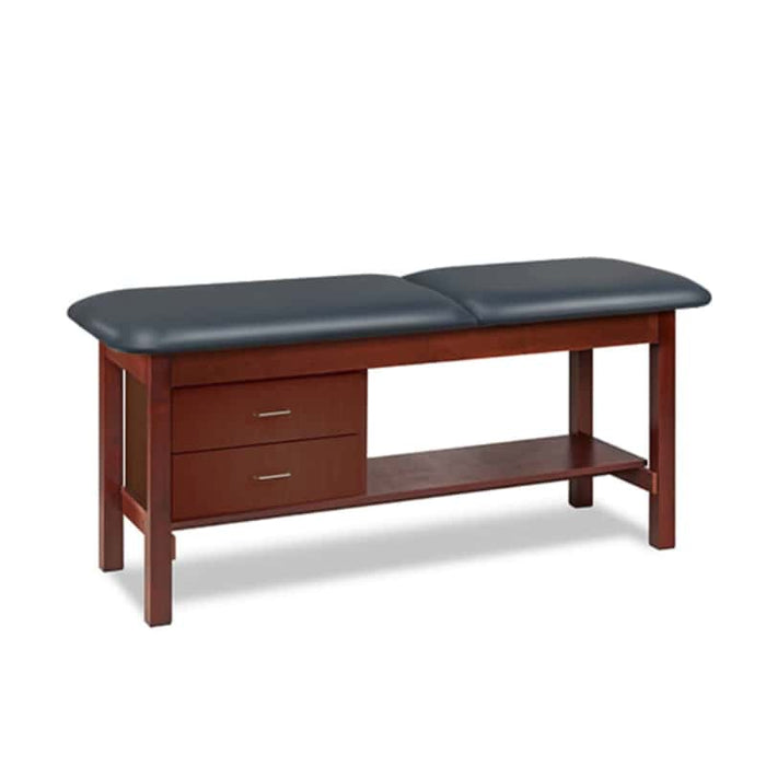a classic medical table with shelf,  slate blue upholstery and dark cherry base color