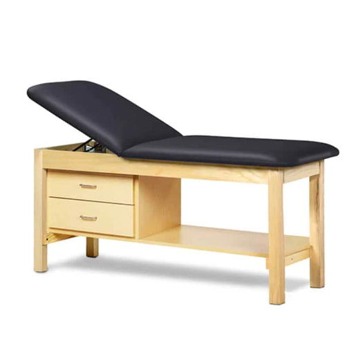 a classic medical table with shelf,  black upholstery and natural base color