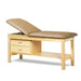 a classic medical table with shelf,  desert tan upholstery and natural base color