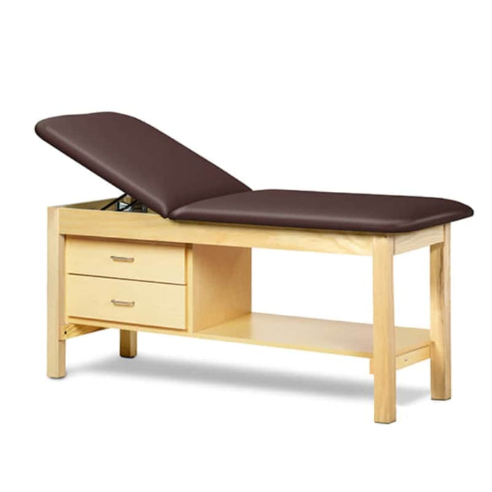 a classic medical table with shelf,  gunmetal upholstery and natural base color