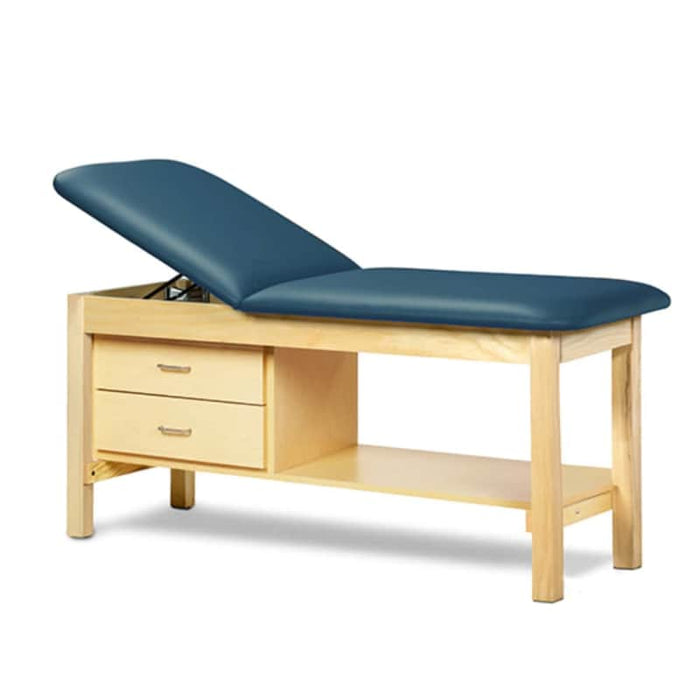 a classic medical table with shelf,  slate blue upholstery and natural base color