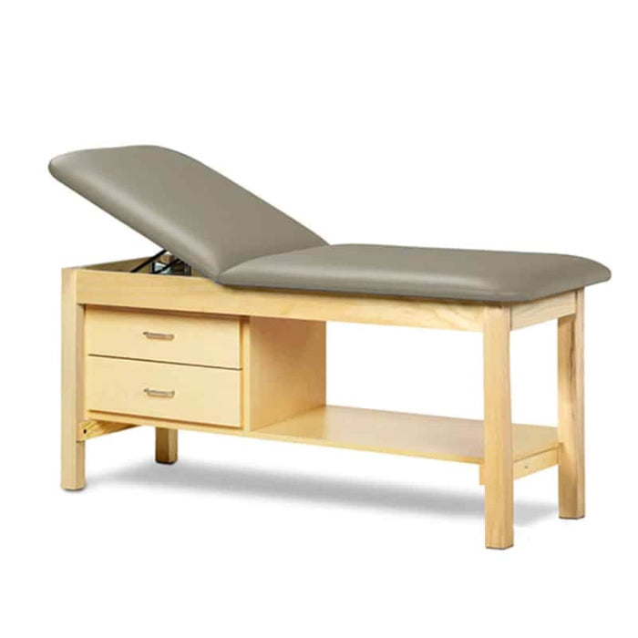a classic medical table with shelf,  warm gray upholstery and natural base color