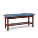 a classic medical table with shelf,  wedgewood upholstery and dark cherry base color