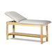 a classic medical table with shelf,  country mist upholstery and natural base color