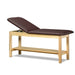 a classic medical table with shelf,  gunmetal upholstery and natural base color