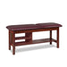 a classic medical table with shelving,  burgundy upholstery and dark cherry base color