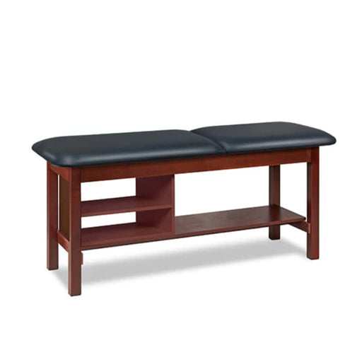 a classic medical table with shelving,  black upholstery and dark cherry base color