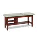 a classic medical table with shelving,  country mist upholstery and dark cherry base color