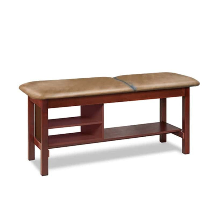 a classic medical table with shelving,  desert tan upholstery and dark cherry base color