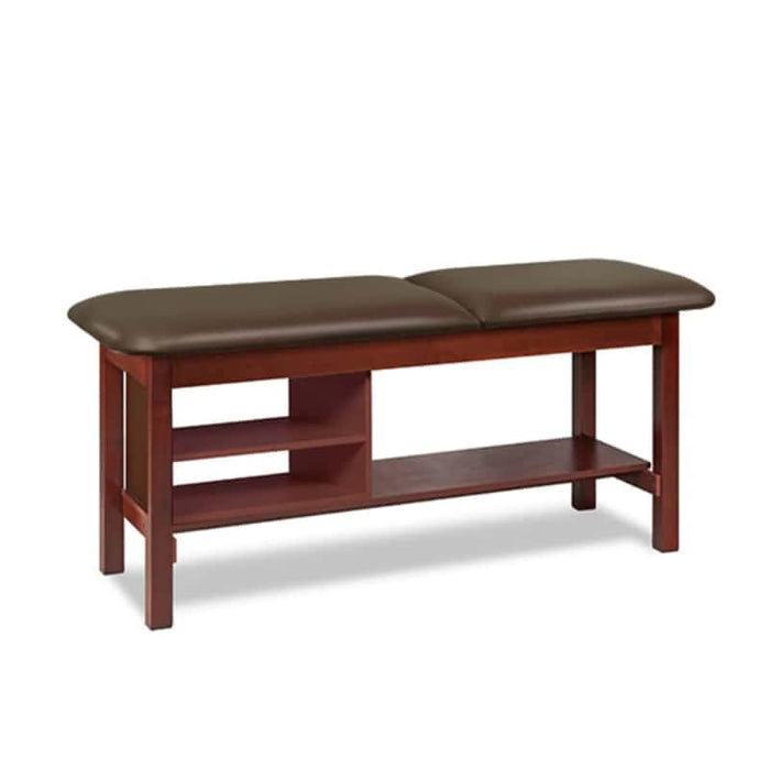 a classic medical table with shelving,  gunmetal upholstery and dark cherry base color