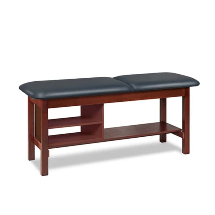a classic medical table with shelving,  slate blue upholstery and dark cherry base color