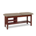 a classic medical table with shelving,  warm gray upholstery and dark cherry base color