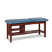 a classic medical table with shelving,  wedgewood upholstery and dark cherry base color