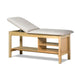 a classic medical table with shelving,  country mist upholstery and natural base color