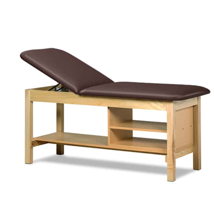 a classic medical table with shelving,  gunmetal upholstery and natural base color