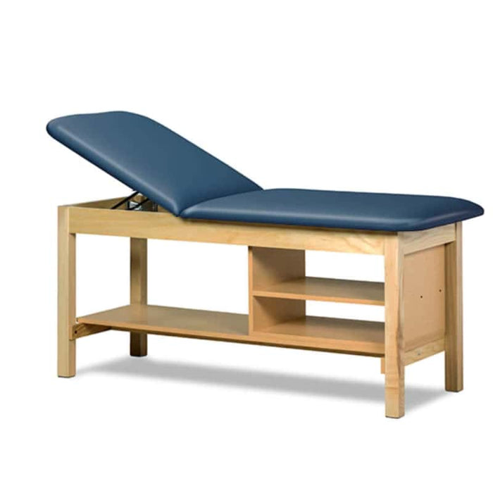 a classic medical table with shelving,  royal blue upholstery and natural base color