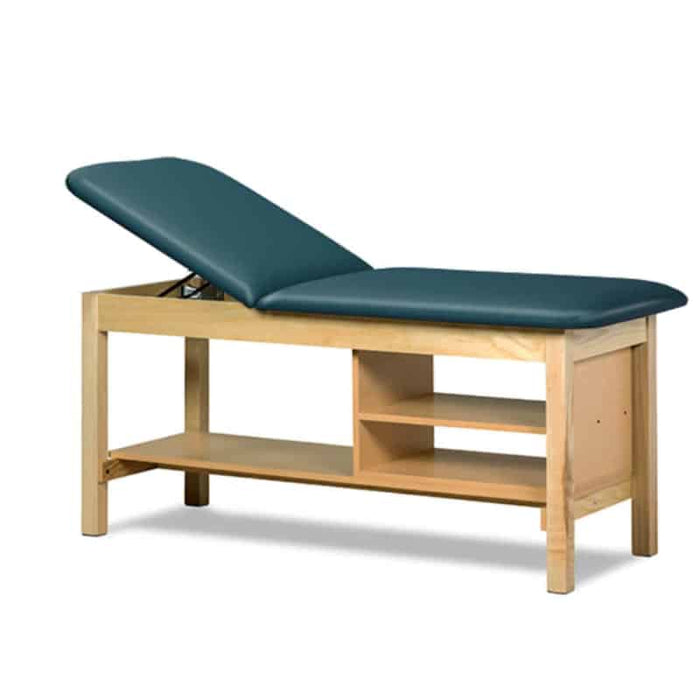 a classic medical table with shelving,  slate blue upholstery and natural base color