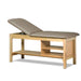 a classic medical table with shelving,  warm gray upholstery and natural base color