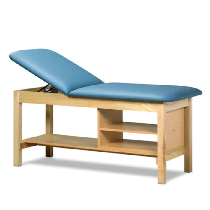 a classic medical table with shelving,  wedgewood upholstery and natural base color