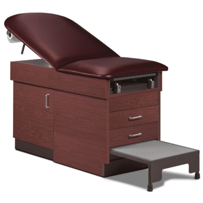 A medical examination table with drawers and patient step stool, burgundy upholstery and dark cherry base color