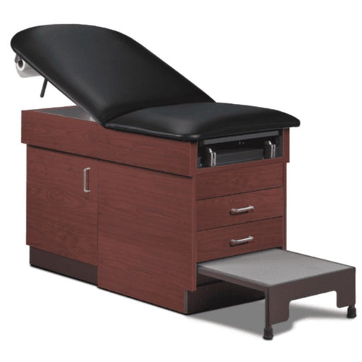  A medical examination table with drawers and patient step stool, black upholstery and dark cherry base color