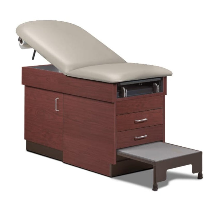 A medical examination table with drawers and patient step stool, country mist upholstery and dark cherry base color