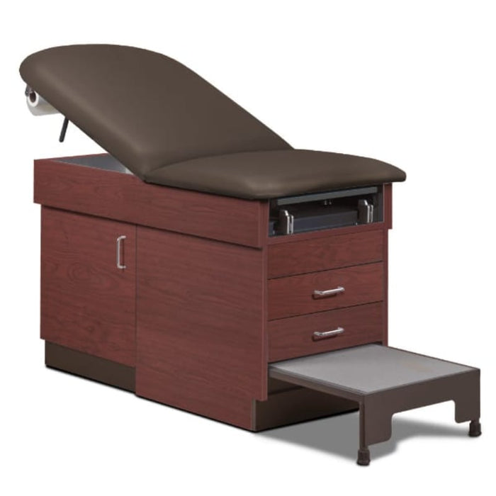 A medical examination table with drawers and patient step stool, gunmetal upholstery and dark cherry base color