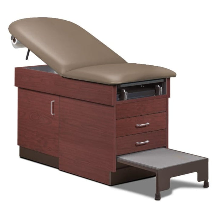 A medical examination table with drawers and patient step stool, warm gray upholstery and dark cherry base color