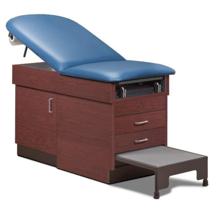 A medical examination table with drawers and patient step stool, wedgewood upholstery and dark cherry base color