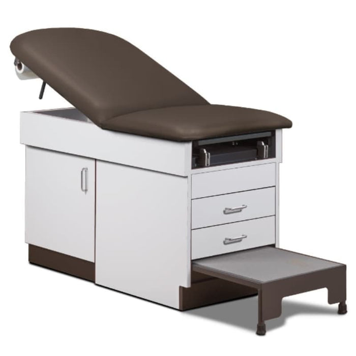 A medical examination table with drawers and patient step stool, gunmetal upholstery and gray base color