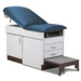 A medical examination table with drawers and patient step stool, royal blue upholstery and gray base color