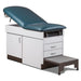 A medical examination table with drawers and patient step stool, slate blue upholstery and gray base color