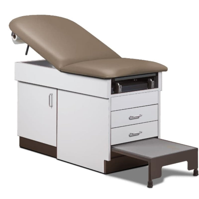 A medical examination table with drawers and patient step stool, warm gray upholstery and gray base color