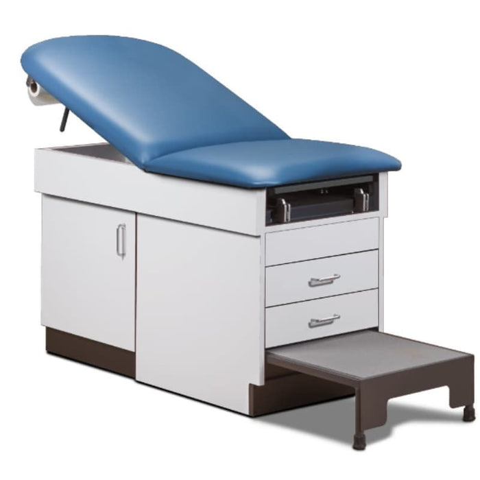 A medical examination table with drawers and patient step stool, wedgewood upholstery and gray base color