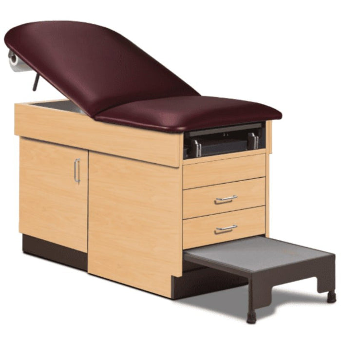  A medical examination table with drawers and patient step stool, burgundy upholstery and maple base color