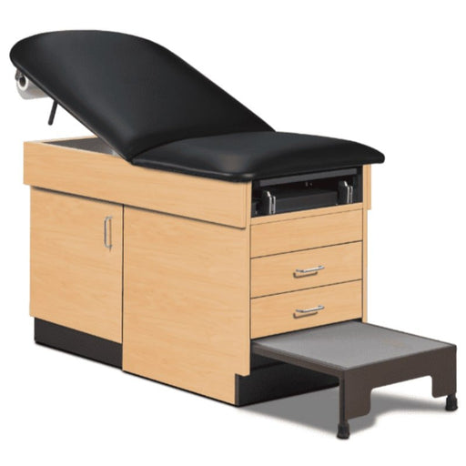 A medical examination table with drawers and patient step stool, black upholstery and maple base color