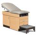  A medical examination table with drawers and patient step stool, country mist upholstery and maple base color
