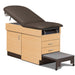 A medical examination table with drawers and patient step stool, gunmetal upholstery and maple base color