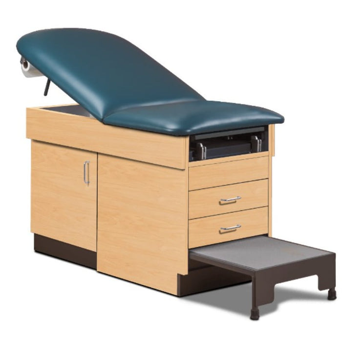 A medical examination table with drawers and patient step stool, slate blue upholstery and maple base color