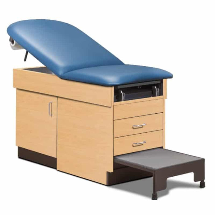  A medical examination table with drawers and patient step stool, wedgewood upholstery and maple base color