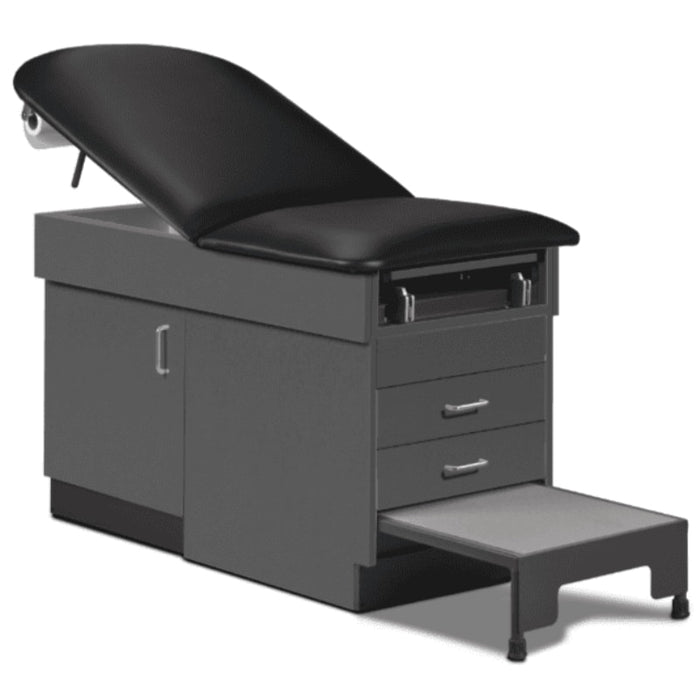 A medical examination table with drawers and patient step stool, black upholstery and slate gray base color