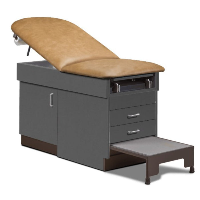  A medical examination table with drawers and patient step stool, desert tan upholstery and slate gray base color