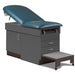  A medical examination table with drawers and patient step stool, slate blue upholstery and slate gray base color