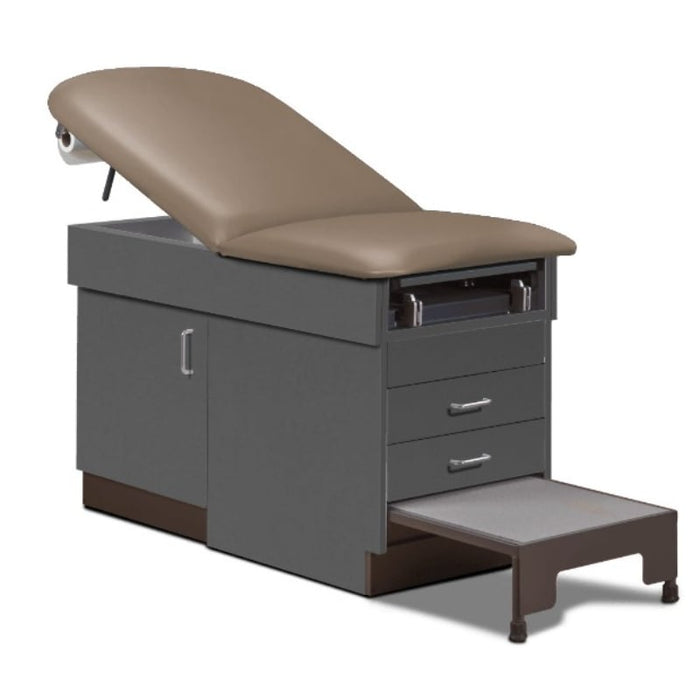 A medical examination table with drawers and patient step stool, warm gray upholstery and slate gray base color