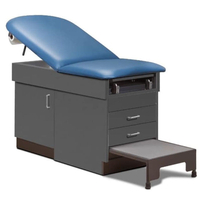 A medical examination table with drawers and patient step stool, wedgewood upholstery and slate gray base color