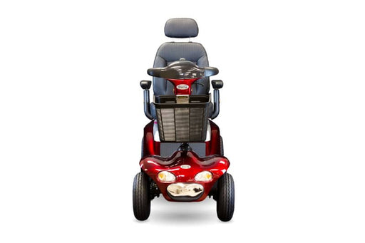  front view of a black and red mobility scooter