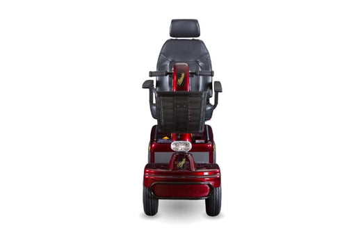 front view of a black and red mobility scooter