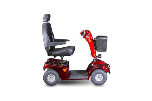  side view of a black and red mobility scooter
